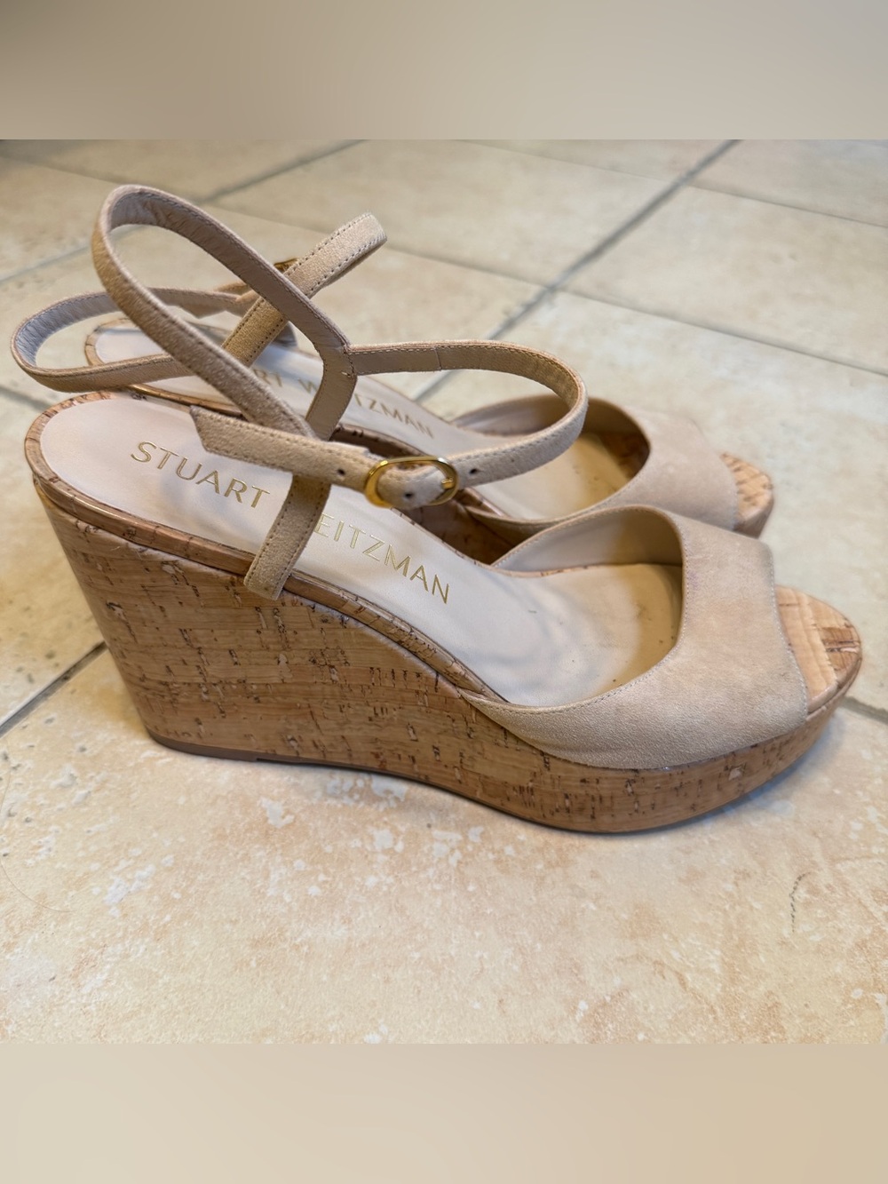 STUART WEITZMAN Women’s Palmina Adobe Suede Cork Platform Wedge Sandals 9B